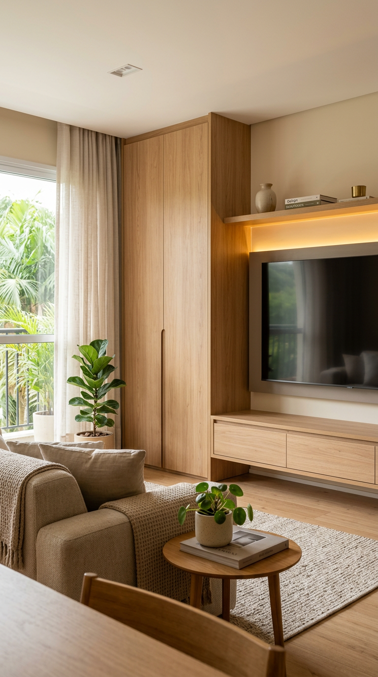 Ambiente planejado com armário embutido em madeira clara, painel de TV e iluminação em LED